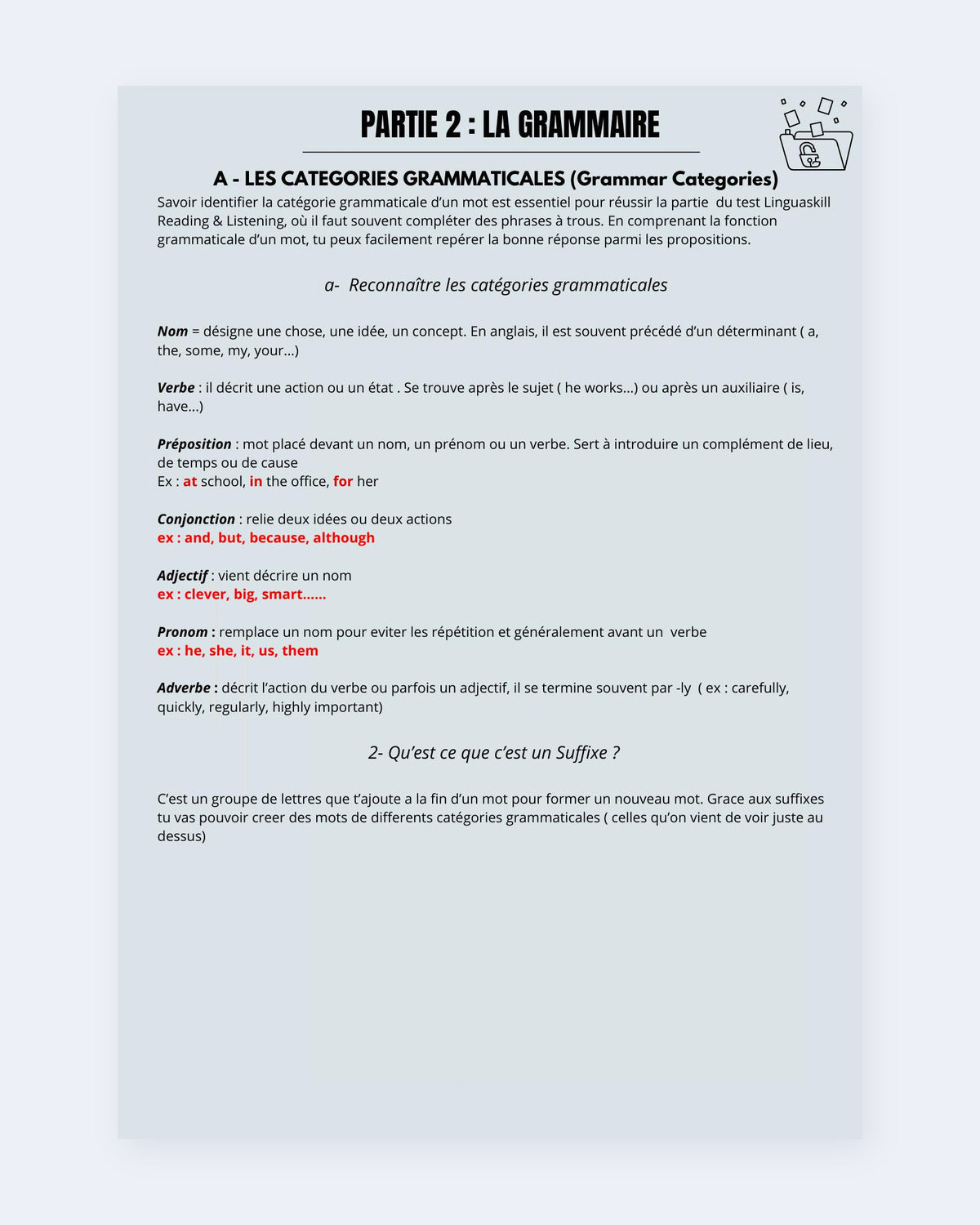 Aperçu de la partie grammaire : catégories grammaticales et structures