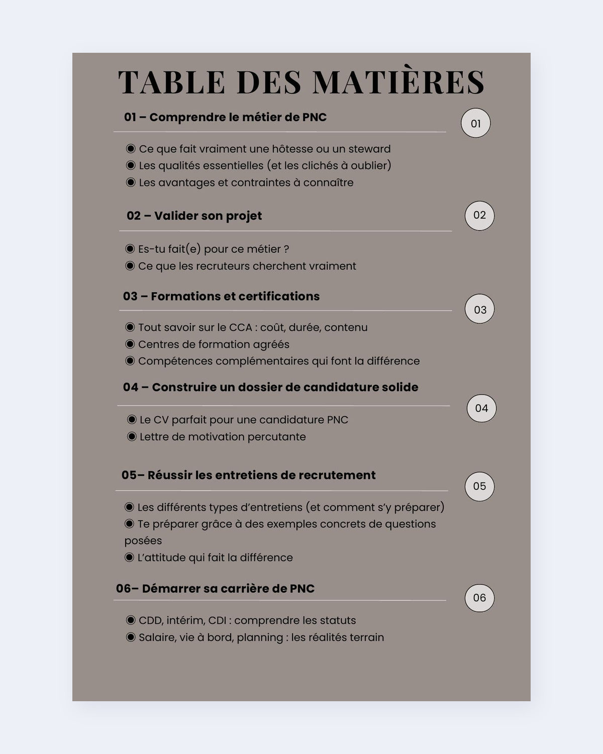 Table des matières : du métier de PNC au démarrage de carrière