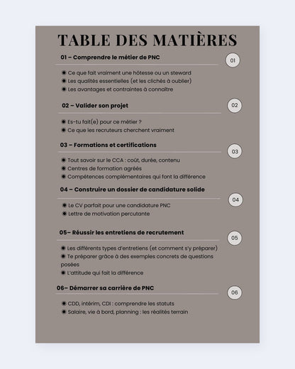 Table des matières : du métier de PNC au démarrage de carrière
