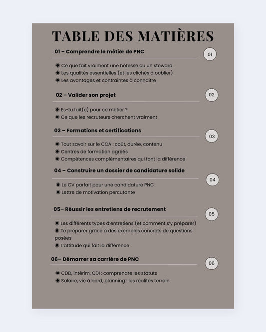 Table des matières : du métier de PNC au démarrage de carrière