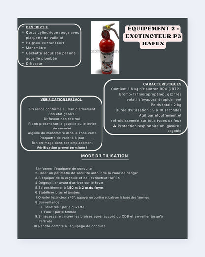 Aperçu d'une fiche sur les équipements de bord : extincteur et PBE