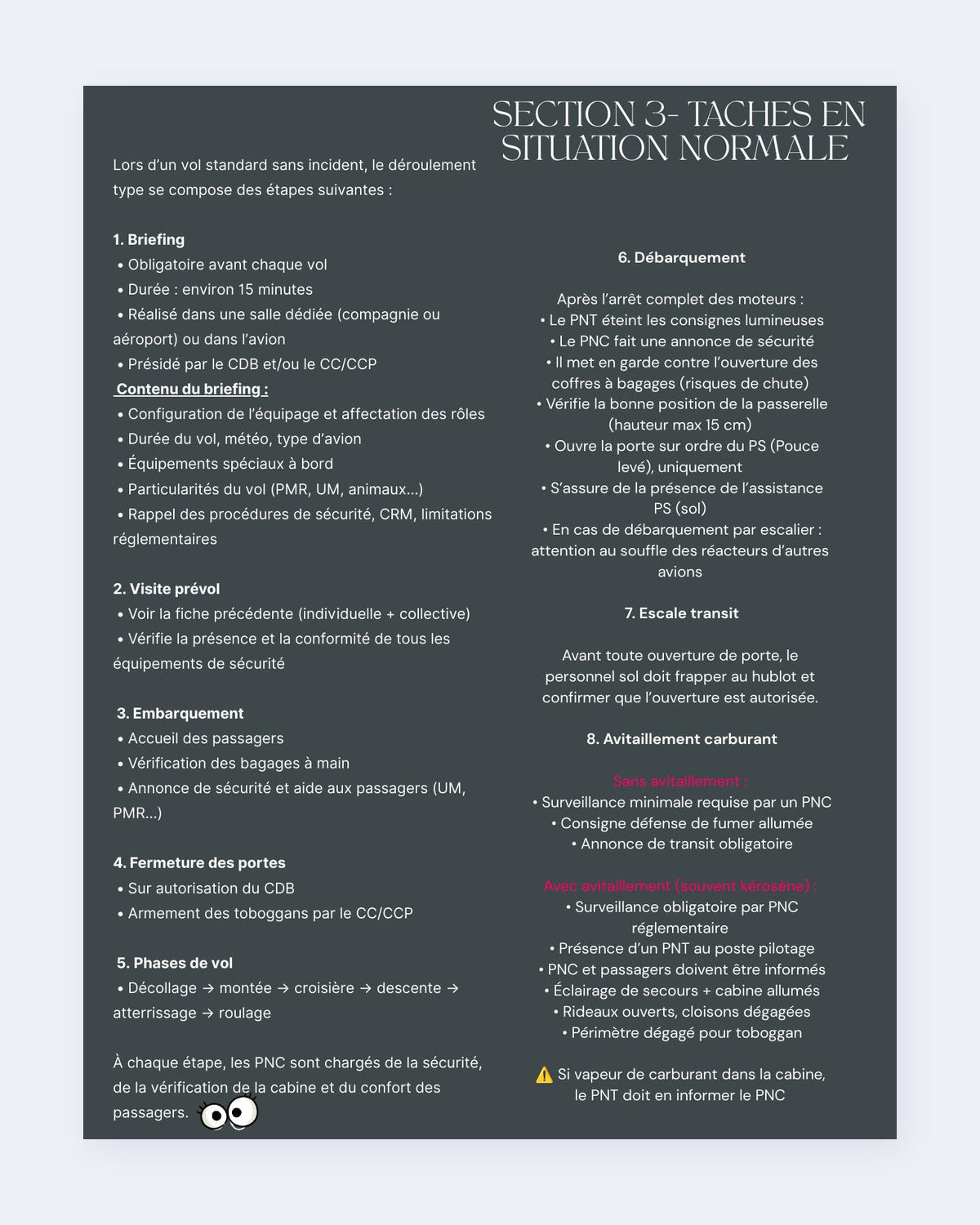 Aperçu d'une fiche sur les tâches et responsabilités en cabine