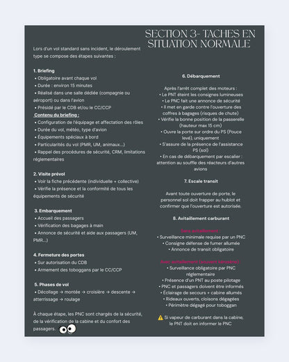 Aperçu d'une fiche sur les tâches et responsabilités en cabine